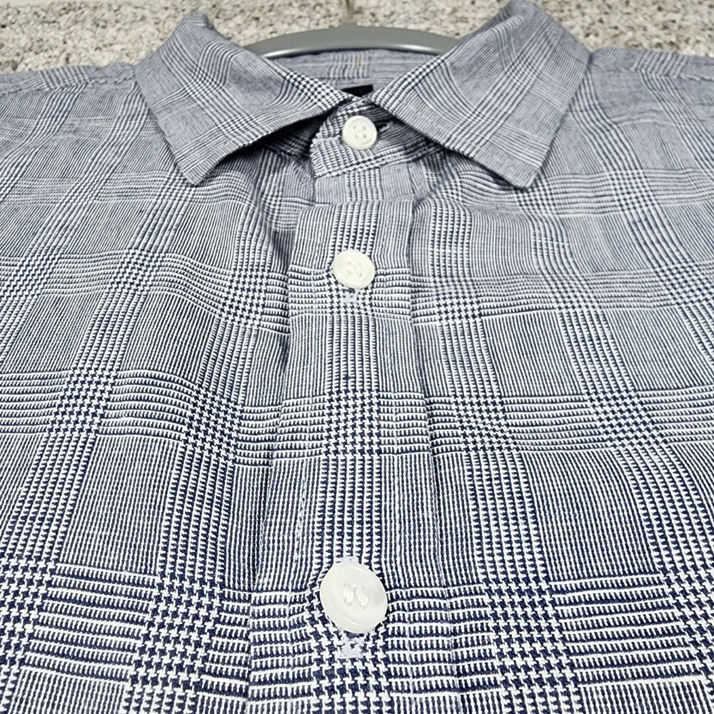 Banana Republic Button Down Mens XXL Slim Linen Blend Glen Plaid Blue Excellent